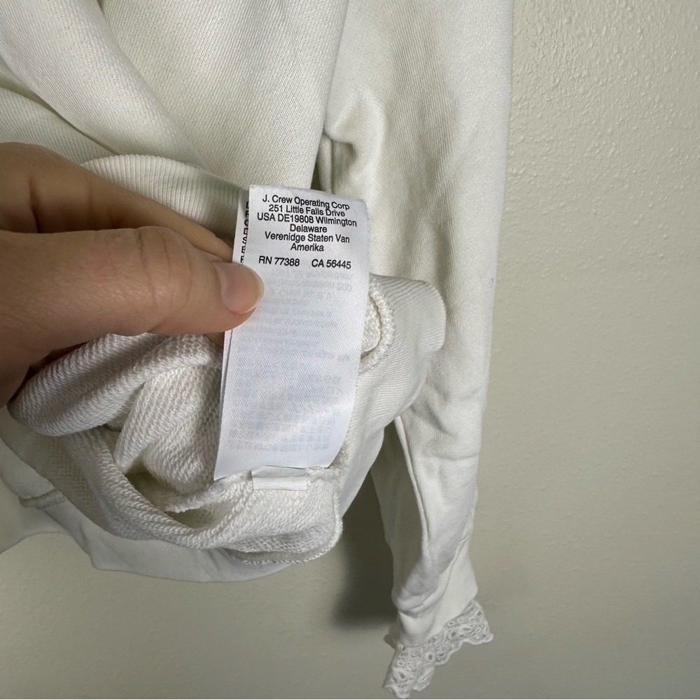 J. CREW Med Cottagecore Victorian French Terry Lace Trim White Crewneck Sweater - Picture 7 of 9
